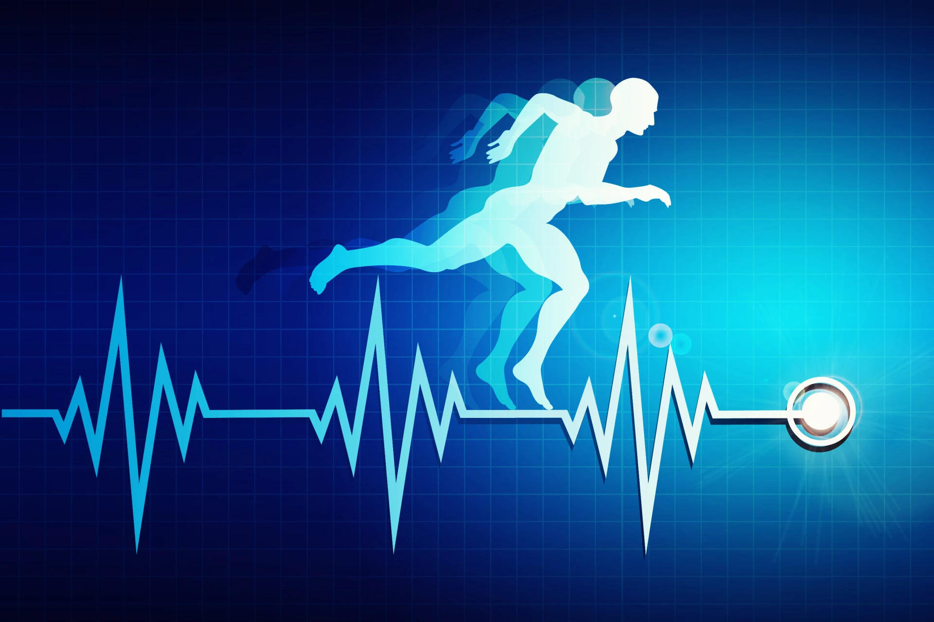 dunkelblauer Hintergrund mit EKG-Graph und der Silhouette eines Sportlers der rennt